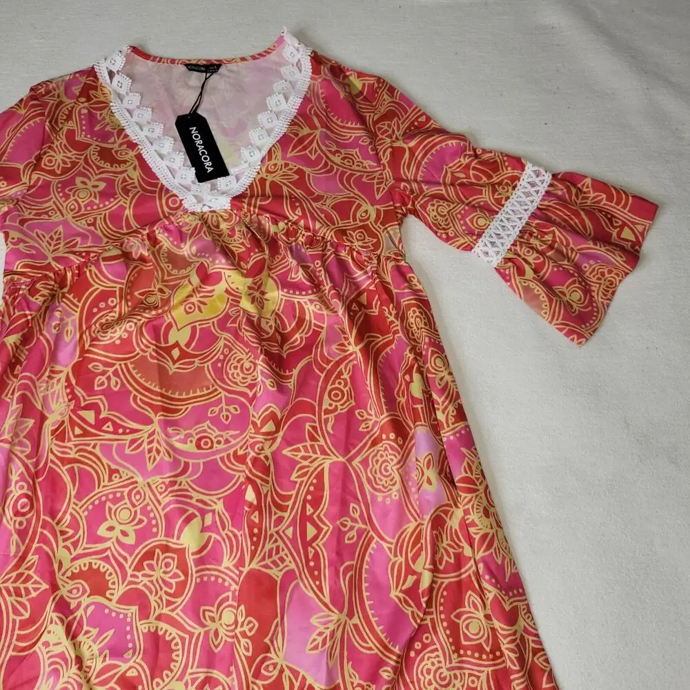Noracora Dress Womans Small Lagenlook Flower Pink Lacey Cottagecore Boho Grandma